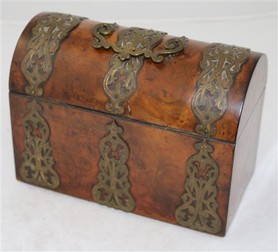 A Victorian brass mounted burr wood tea caddy, 9in.